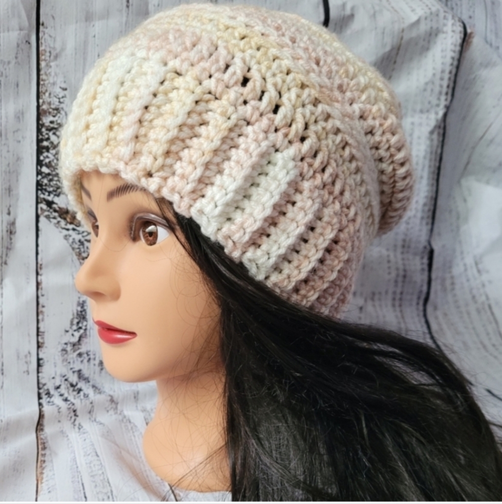 Crochet Pink Cream Slouchy Beanie